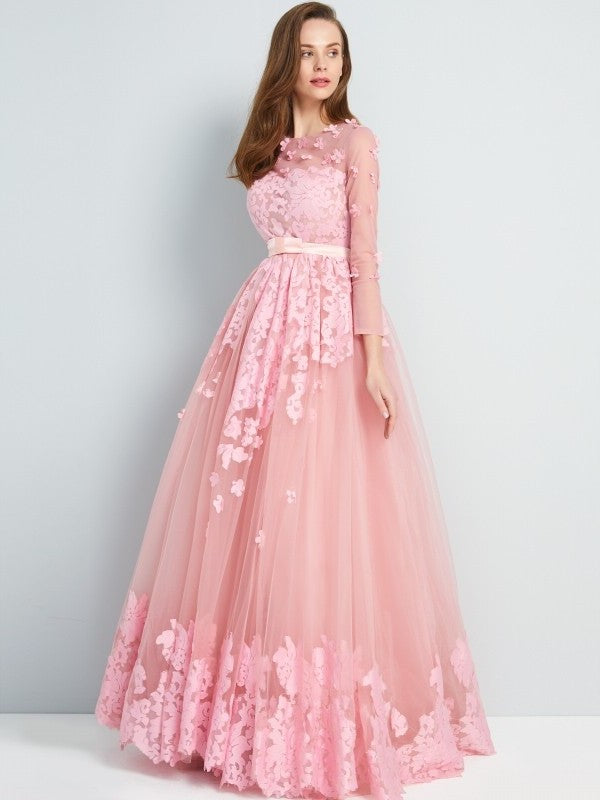 A-Line/Princess Scoop 3/4 Sleeves Floor-Length Applique Tulle Dresses DFP0002409