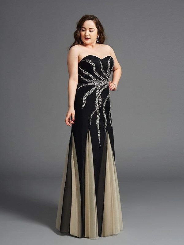 Sheath/Column Sweetheart Beading Sleeveless Long Chiffon Plus Size Dresses DFP0003215