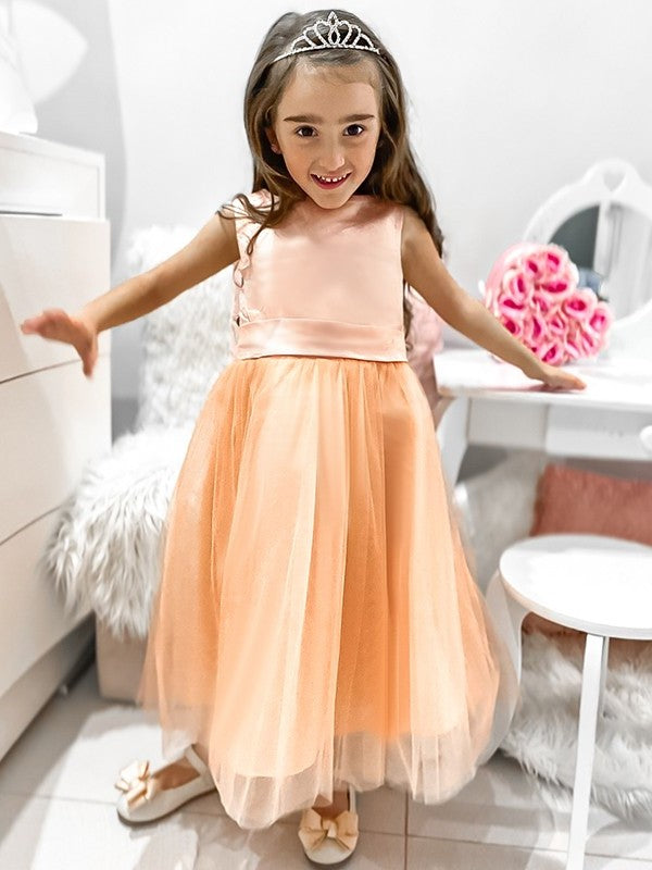 A-Line/Princess Tulle Bowknot Scoop Sleeveless Tea-Length Flower Girl Dresses DFP0007500