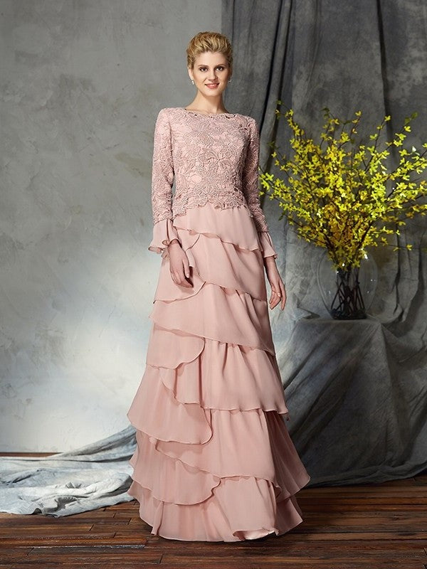 Sheath/Column Scoop Ruffles Long Sleeves Long Chiffon Mother of the Bride Dresses DFP0007282