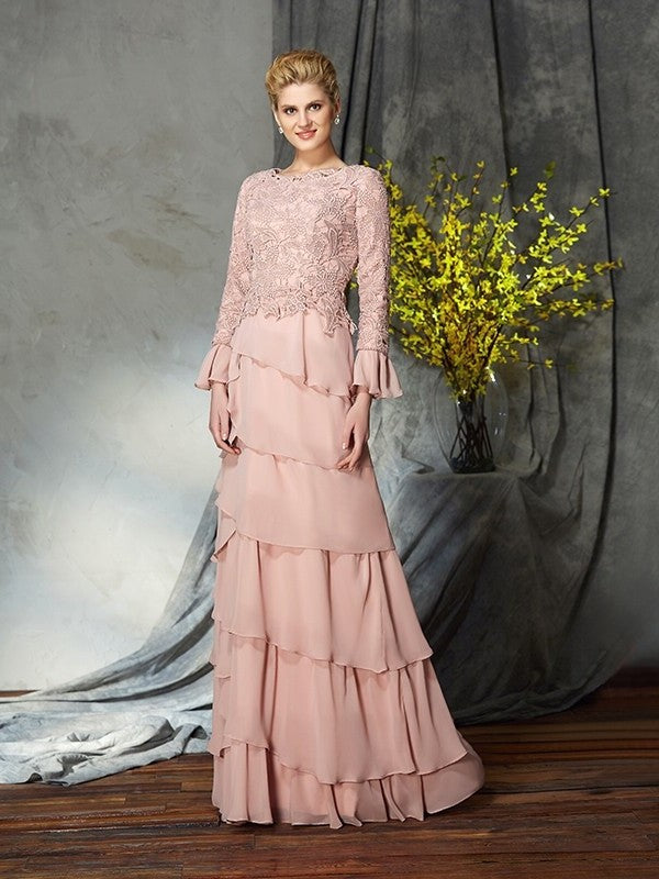 Sheath/Column Scoop Ruffles Long Sleeves Long Chiffon Mother of the Bride Dresses DFP0007282