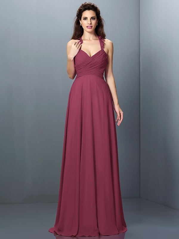 A-Line/Princess Halter Pleats Sleeveless Long Chiffon Bridesmaid Dresses DFP0005390