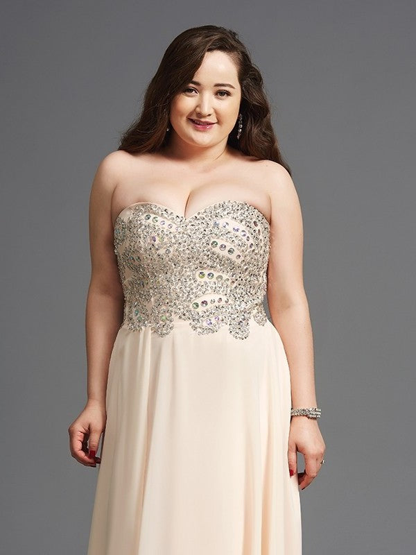 A-Line/Princess Sweetheart Rhinestone Sleeveless Long Chiffon Plus Size Dresses DFP0003705