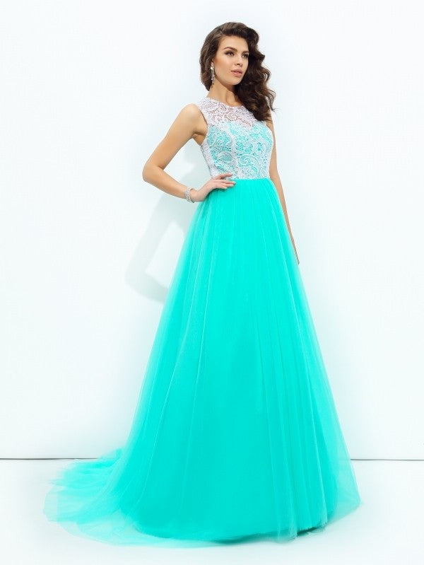 A-line/Princess Scoop Lace Sleeveless Long Net Dresses DFP0002683