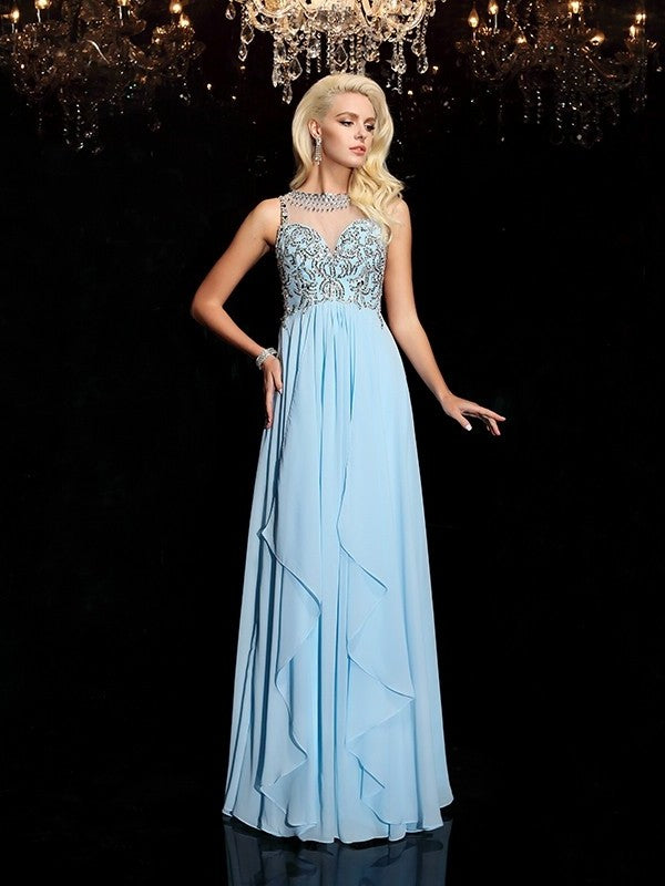 A-line/Princess Scoop Beading Sleeveless Long Chiffon Dresses DFP0002926