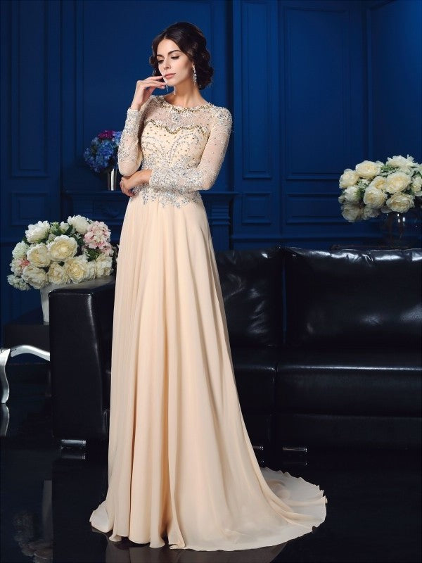 A-Line/Princess Scoop Beading Long Sleeves Long Chiffon Mother of the Bride Dresses DFP0007085