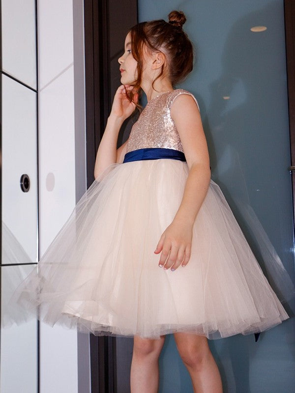 A-Line/Princess Tulle Sash/Ribbon/Belt Scoop Short Sleeves Knee-Length Flower Girl Dresses DFP0007482