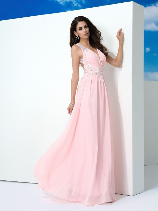 A-Line/Princess Straps Beading Sleeveless Long Chiffon Dresses DFP0002549