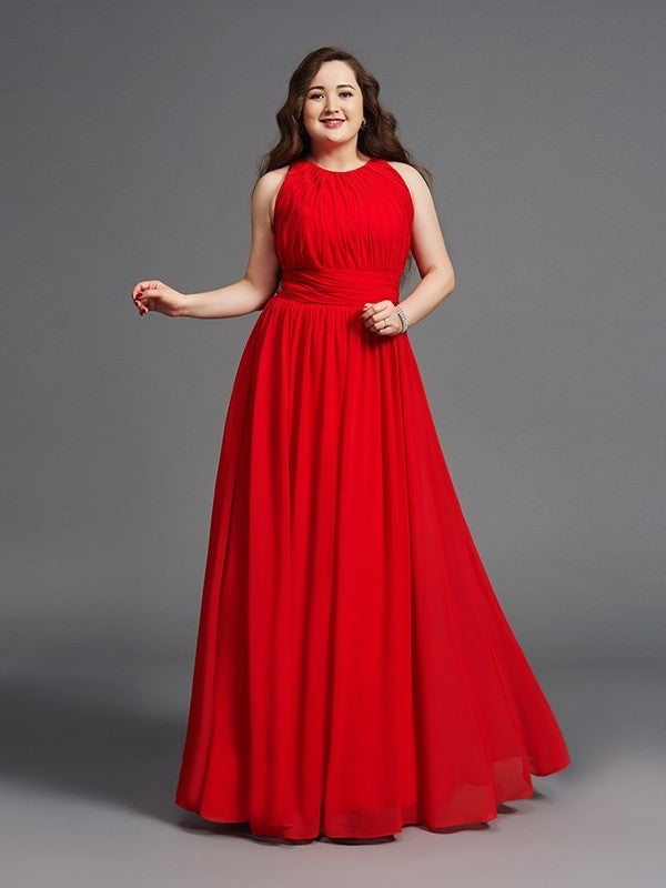 A-Line/Princess Jewel Ruched Sleeveless Long Chiffon Plus Size Dresses DFP0003119