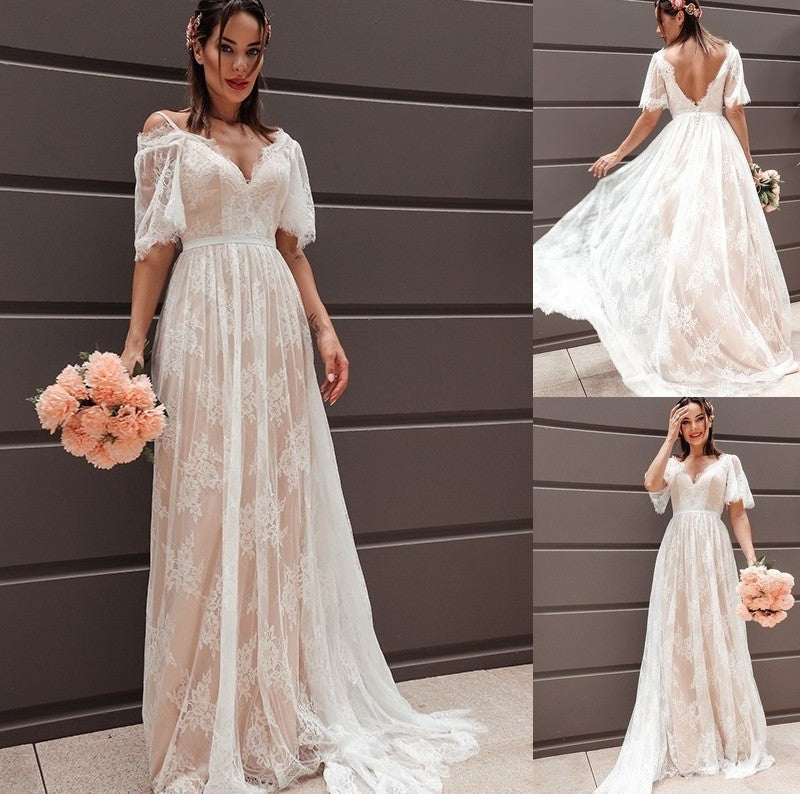 A-Line/Princess Short Sleeves Lace V-neck Sash/Ribbon/Belt Sweep/Brush Train Wedding Dresses DFP0005888