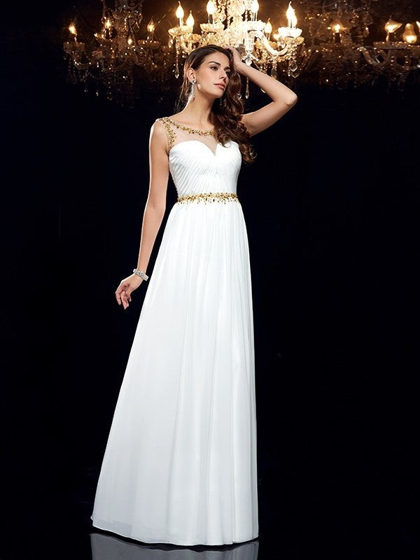 A-Line/Princess Sheer Neck Beading Sleeveless Long Chiffon Dresses DFP0004068