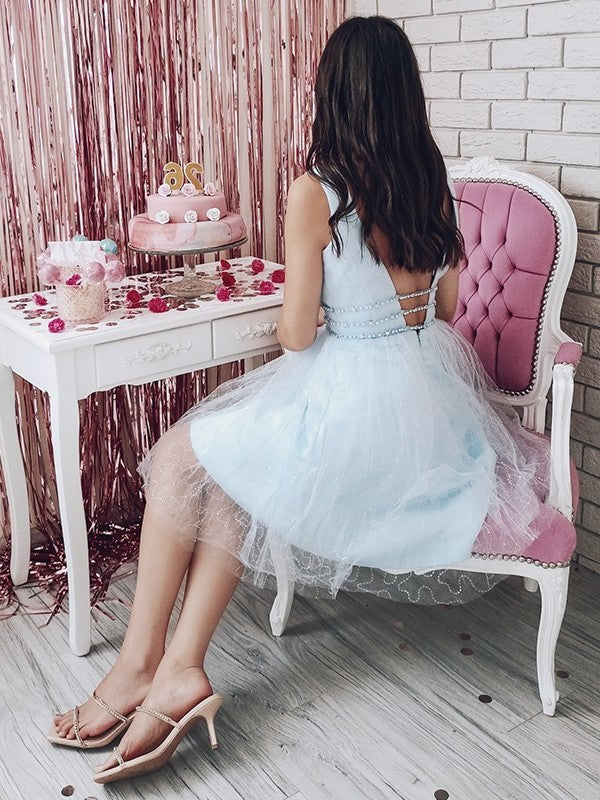 A-Line/Princess V-neck Beading Tulle Sleeveless Short/Mini Homecoming Dresses DFP0004776