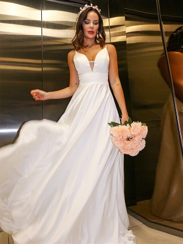 A-Line/Princess Charmeuse Spaghetti Straps Ruffles Sleeveless Sweep/Brush Train Wedding Dresses DFP0006078