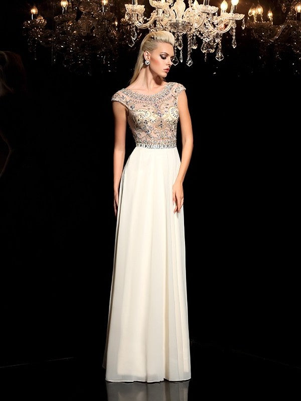 A-Line/Princess Sheer Neck Rhinestone Sleeveless Long Chiffon Dresses DFP0002931