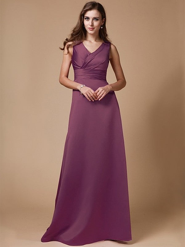 A-Line/Princess V-neck Long Sleeveless Elastic Woven Satin Bridesmaid Dresses DFP0005409