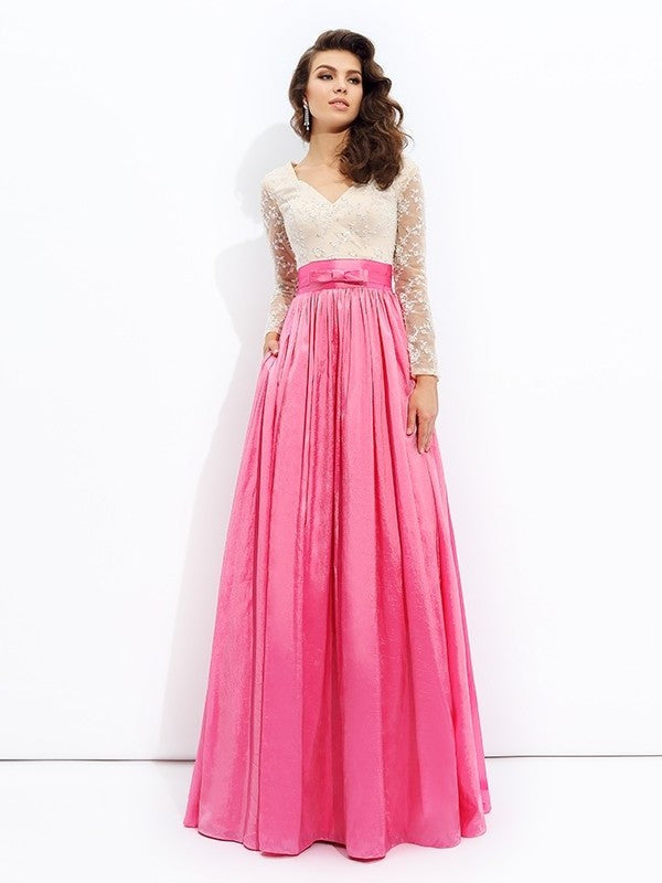 A-line/Princess V-neck Lace Long Sleeves Long Taffeta Dresses DFP0002868