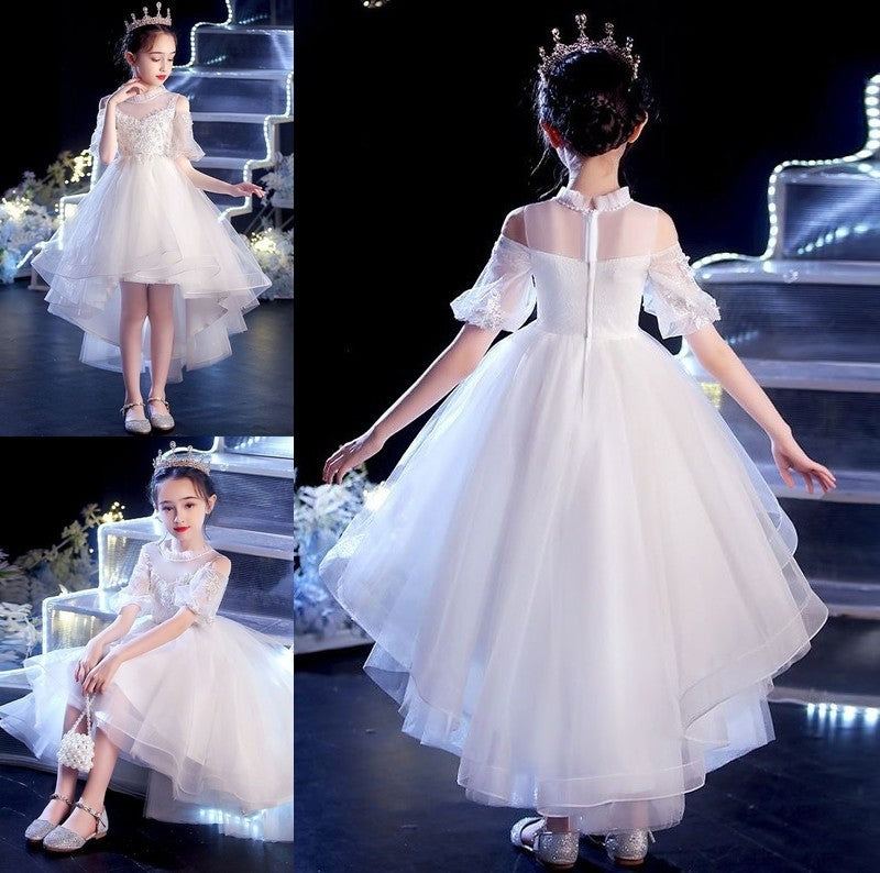 A-Line/Princess Tulle Applique Scoop Short Sleeves Asymmetrical Flower Girl Dresses DFP0007509