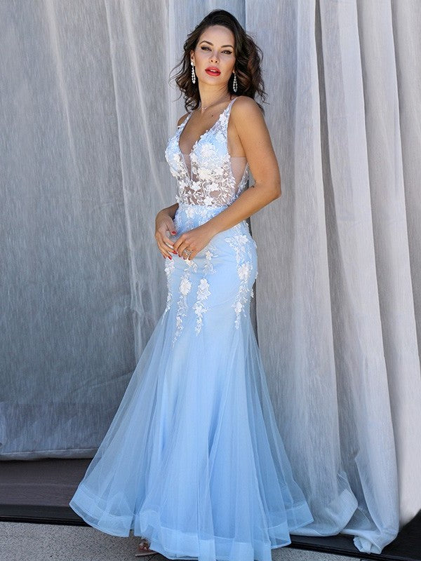 Trumpet/Mermaid Tulle V-neck Sleeveless Applique Floor-Length Dresses DFP0001554