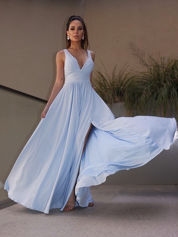 A-Line/Princess Ruffles Jersey V-neck Sleeveless Floor-Length Dresses DFP0001510