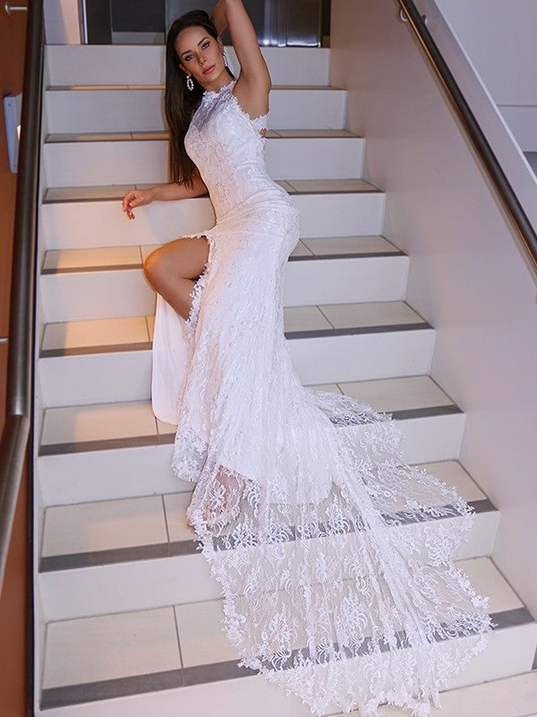 Trumpet/Mermaid Lace Sleeveless Halter Sweep/Brush Train Wedding Dresses DFP0005941
