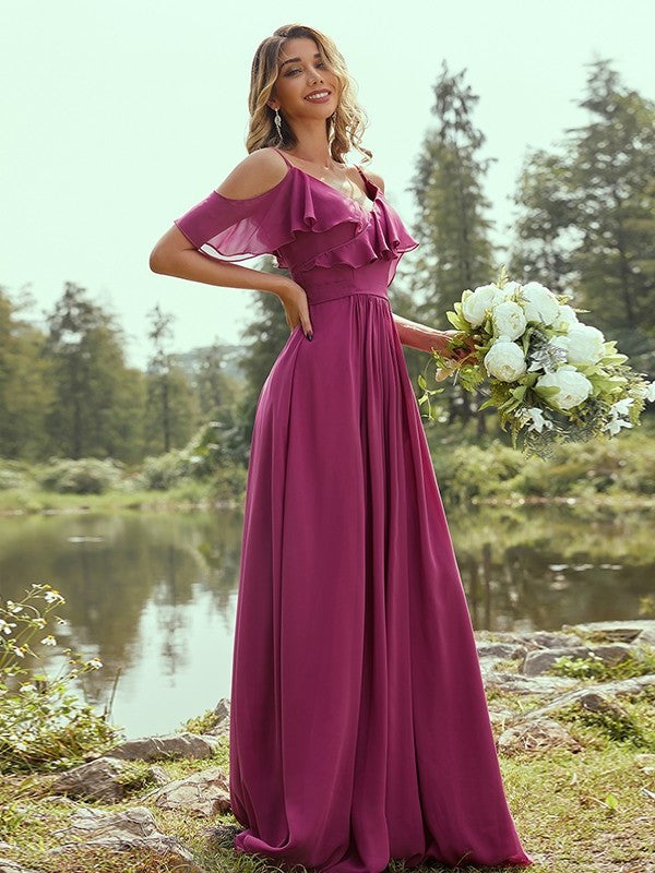 A-Line/Princess Chiffon Ruffles V-neck Sleeveless Floor-Length Bridesmaid Dresses DFP0004967