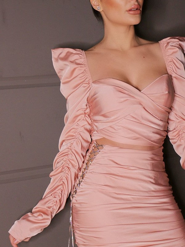 Sheath/Column Charmeuse Ruched Sweetheart Long Sleeves Short/Mini Homecoming Dresses DFP0004815