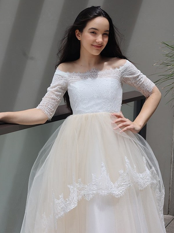 A-Line/Princess Lace Ruffles Off-the-Shoulder 1/2 Sleeves Sweep/Brush Train Junior/Girls Bridesmaid Dresses DFP0005885