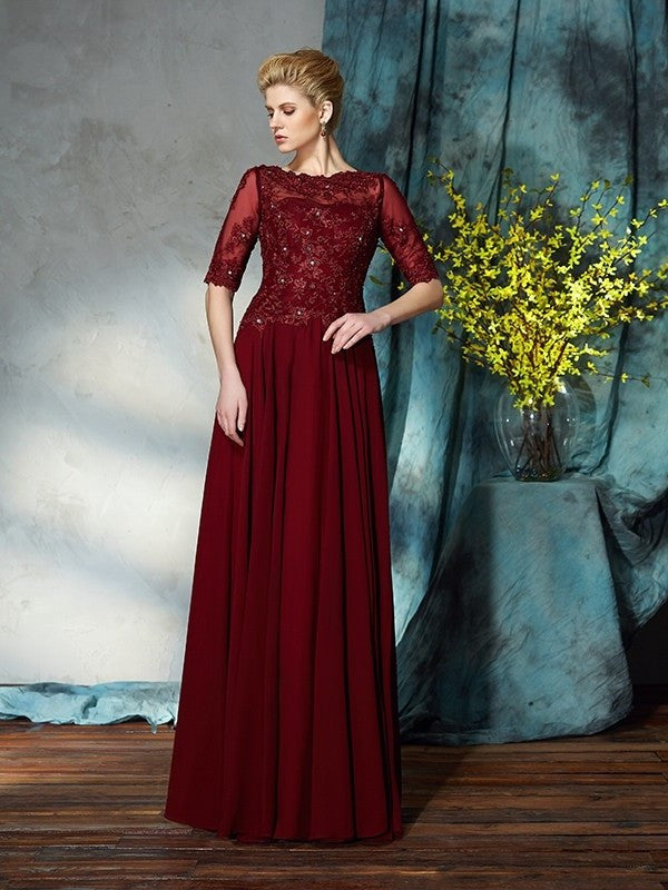 A-Line/Princess Bateau Applique 1/2 Sleeves Long Chiffon Mother of the Bride Dresses DFP0007128