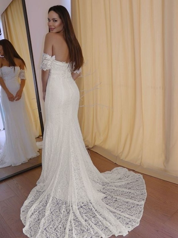Trumpet/Mermaid Off-the-Shoulder Short Sleeves Lace Applique Court Train Wedding Dresses DFP0005933
