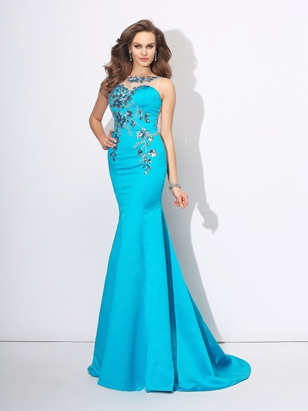 Trumpet/Mermaid Scoop Applique Sleeveless Long Satin Dresses DFP0002907