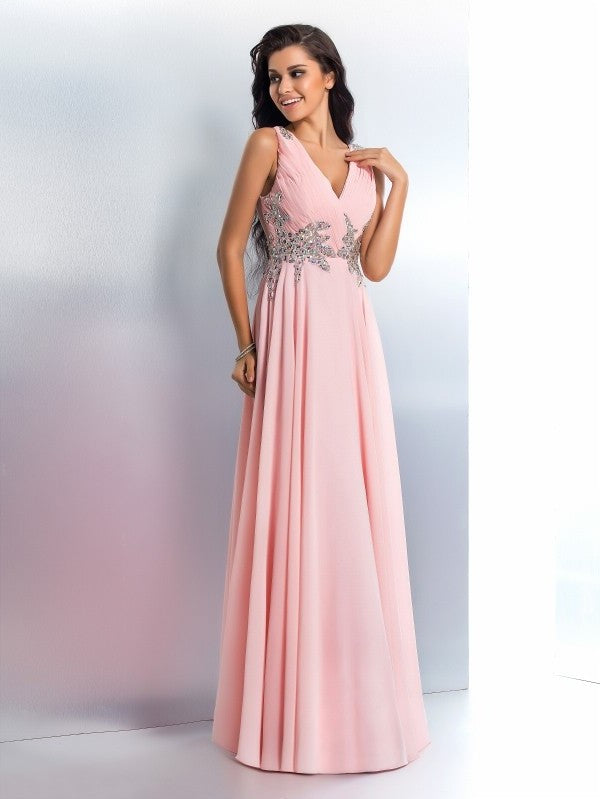 A-Line/Princess V-neck Beading Sleeveless Long Chiffon Dresses DFP0002794