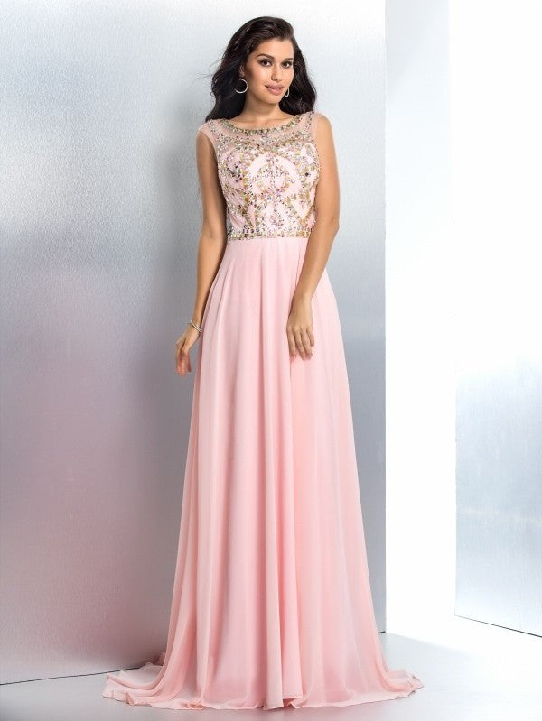 A-Line/Princess Scoop Beading Sleeveless Long Chiffon Dresses DFP0002980