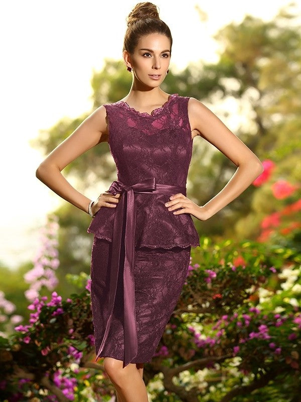 Sheath/Column Scoop Lace Sleeveless Short Satin Bridesmaid Dresses DFP0005487