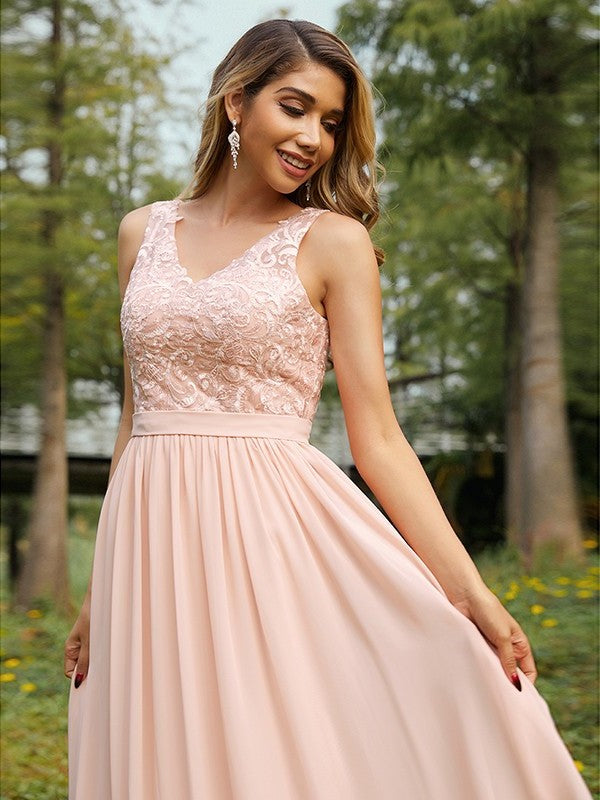 A-Line/Princess Chiffon Lace V-neck Sleeveless Floor-Length Bridesmaid Dresses DFP0004989