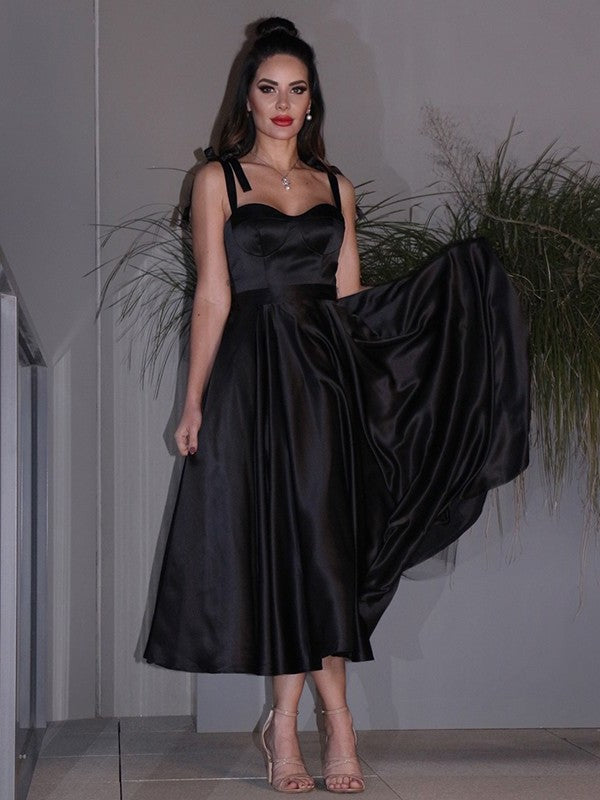 A-Line/Princess Satin Ruffles Straps Sleeveless Tea-Length Homecoming Dresses DFP0004663