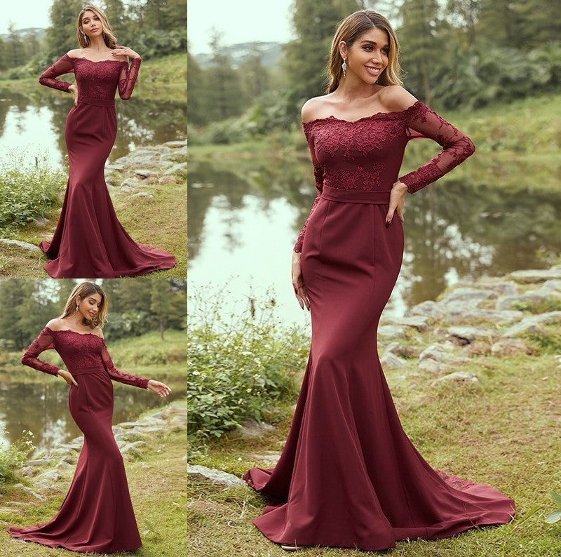 Sheath/Column Stretch Crepe Applique Off-the-Shoulder Long Sleeves Sweep/Brush Train Bridesmaid Dresses DFP0004985