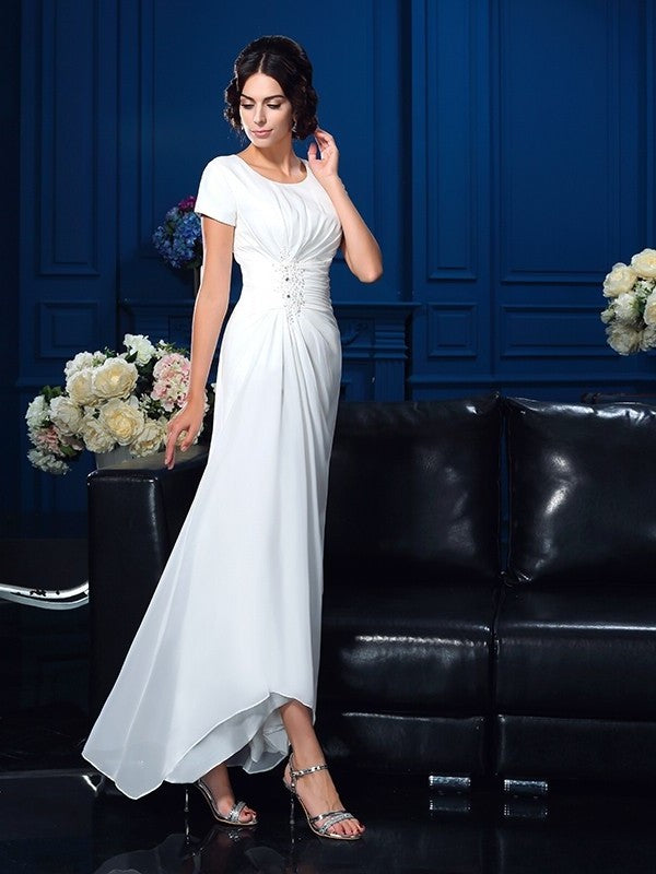 A-Line/Princess Scoop Short Sleeves High Low Chiffon Mother of the Bride Dresses DFP0007119
