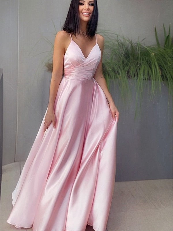 A-Line/Princess V-neck Satin Ruched Sleeveless Floor-Length Dresses DFP0001582