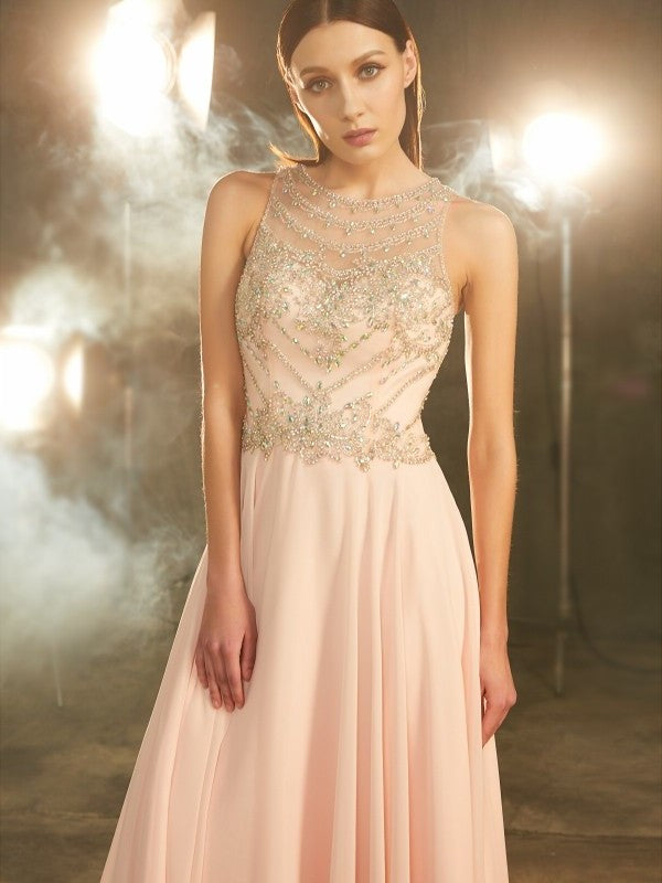 A-Line/Princess Scoop Sleeveless Chiffon Crystal Floor-length Dresses DFP0002399