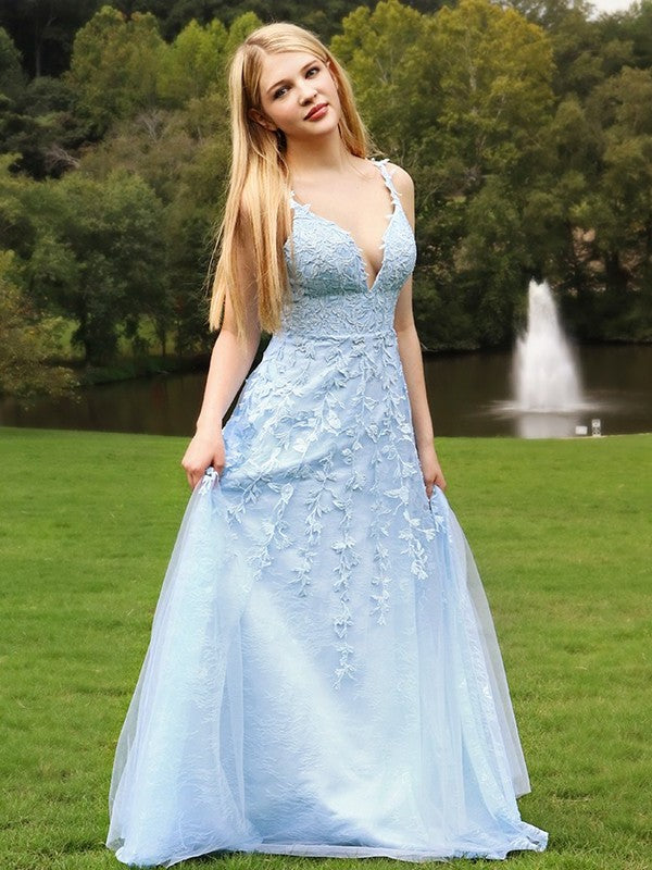 A-Line/Princess Sleeveless V-neck Applique Tulle Floor-Length Dresses DFP0004558