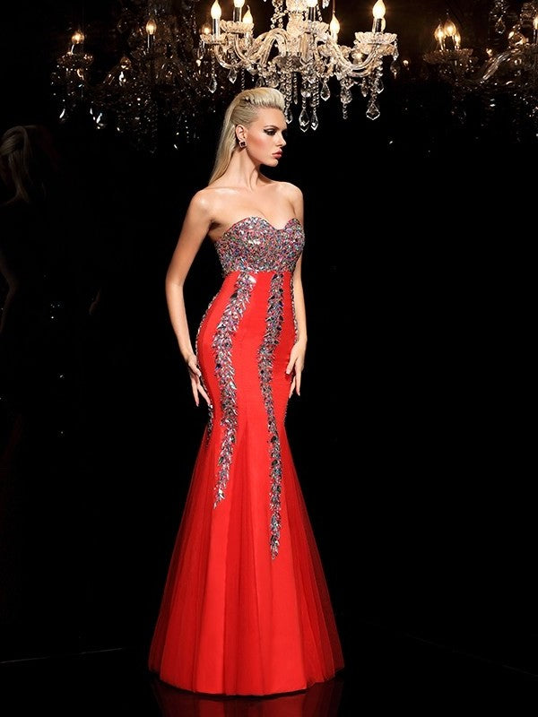 Sheath/Column Sweetheart Rhinestone Sleeveless Long Net Dresses DFP0003943