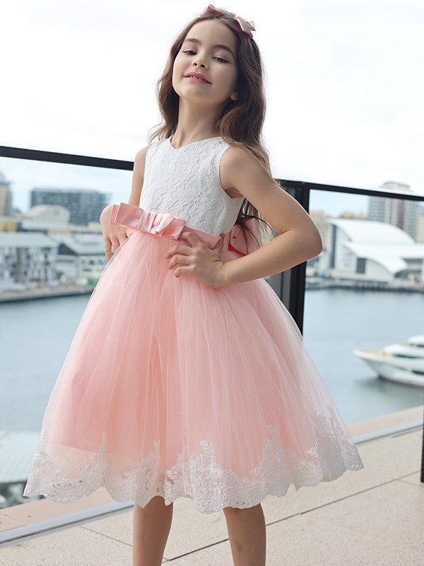 A-Line/Princess Lace Bowknot Scoop Sleeveless Short/Mini Flower Girl Dresses DFP0007459