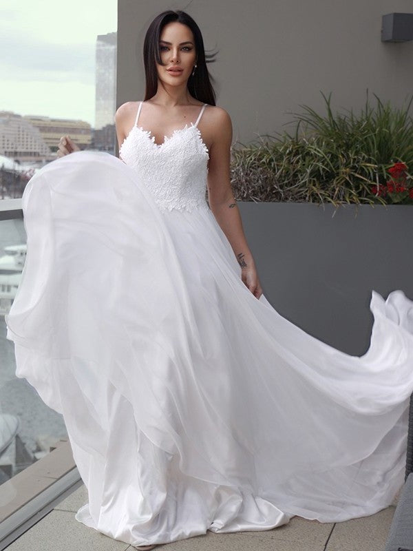 A-Line/Princess Chiffon Applique V-neck Sleeveless Sweep/Brush Train Wedding Dresses DFP0006050