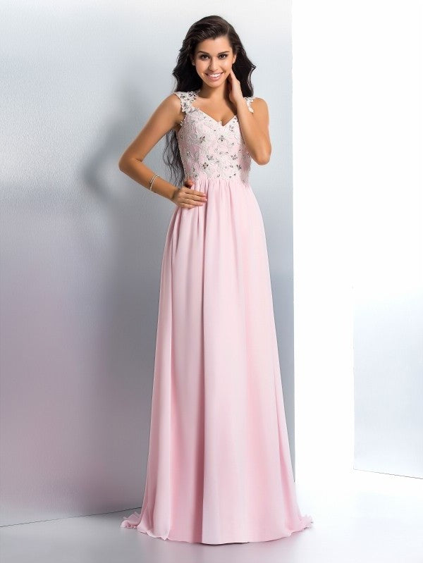 A-Line/Princess V-neck Applique Sleeveless Long Chiffon Dresses DFP0002658