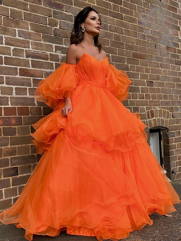 A-Line/Princess Organza Off-the-Shoulder Layers Long Sleeves Floor-Length Dresses DFP0001650