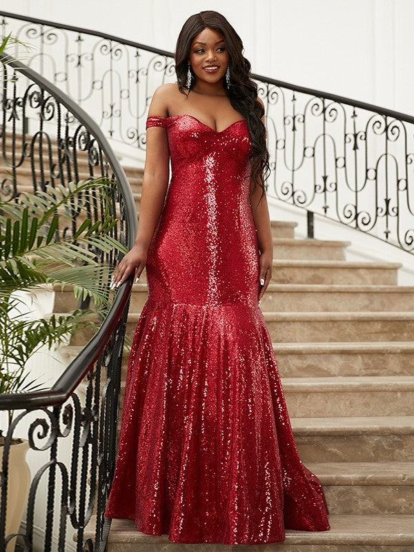 Trumpet/Mermaid Sequins Ruffles Off-the-Shoulder Sleeveless Floor-Length Dresses DFP0001616