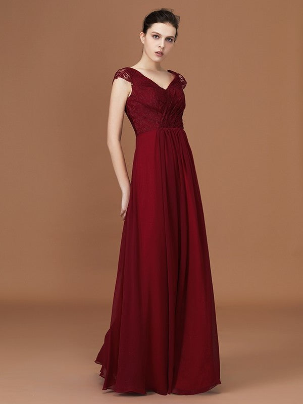 A-Line/Princess Lace Short Sleeves Chiffon Ruched V-neck Floor-Length Bridesmaid Dresses DFP0005649