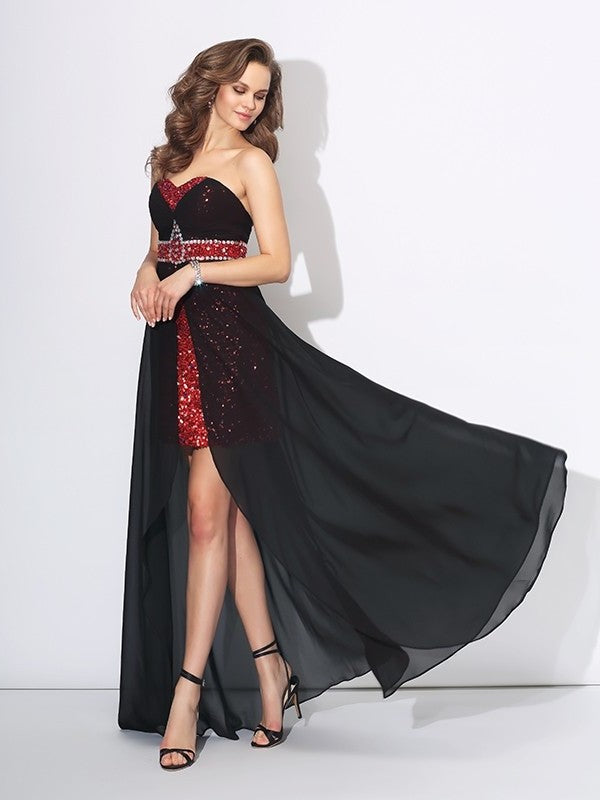 A-Line/Princess Sweetheart Sequin Sleeveless High Low Chiffon Dresses DFP0002944