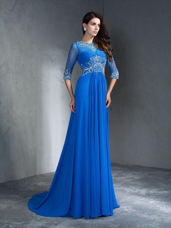 A-Line/Princess Scoop Beading 1/2 Sleeves Long Chiffon Dresses DFP0003053