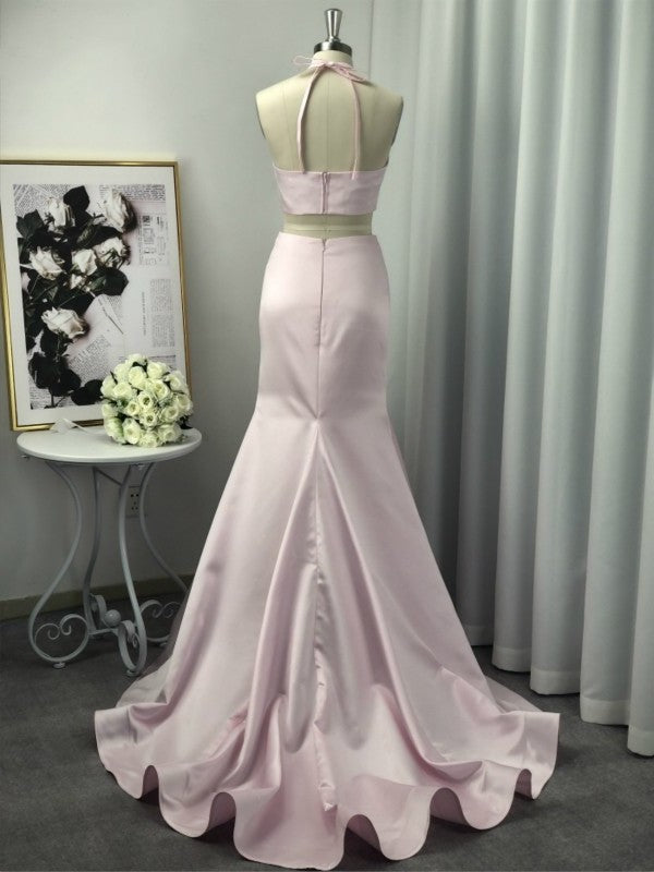 A-Line Halter Sleeveless Sweep/Brush Train With Ruffles Satin Two Piece Dresses DFP0001961